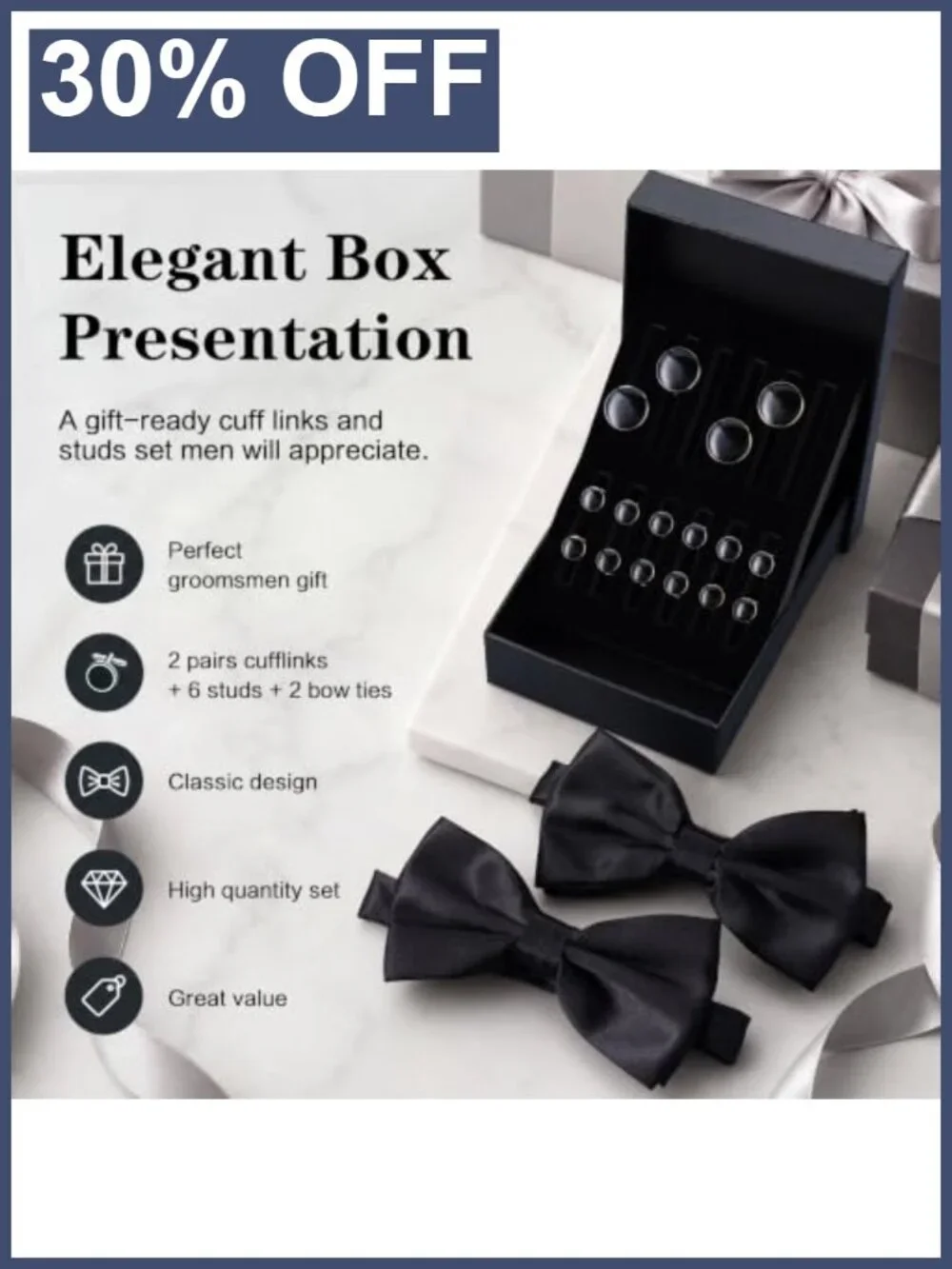 Tuxedo Cufflinks & Studs Set with Bow Tie, 16k Gold Plated Brass Formal